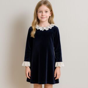 Mademoiselle Charlotte Navy Velvet Dress Ivory Lace Collar Cuffs Girls Sz 10
